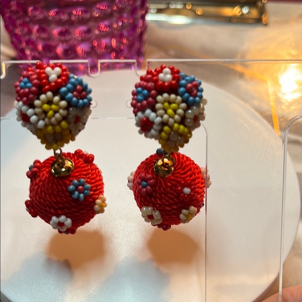 Colorful Beaded Pom Pom Drop Earrings - Picture 2 of 5